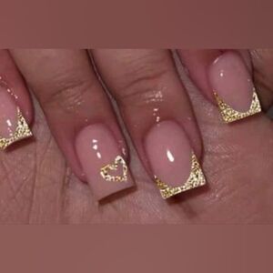 Gold Glitter French Tip With Heart Press On Nails